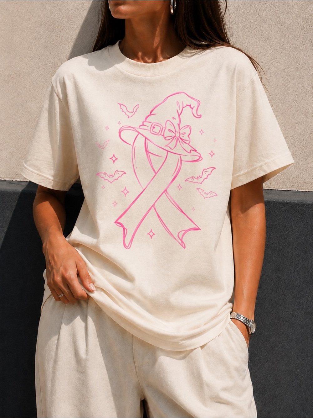 Breast Cancer Awareness Unisex T-Shirt Pink Witch Hat Ribbon Tee